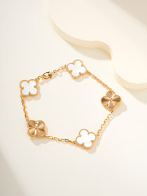 Van Cleef & Arpels White Mother-of-Pearl Gold Five-Flower Four-Leaf Clover Bracelet-3758  